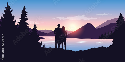 young couple by the river in forest nature landscape at sunrise vector ilustration EPS10
