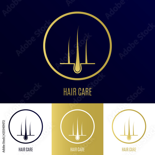 Hair care transplant logo template set. Follicle icon with gold glitter texture. Perfect for medical diagnostic centers and clinics. Alopecia treatment concept. Vector illustration.
