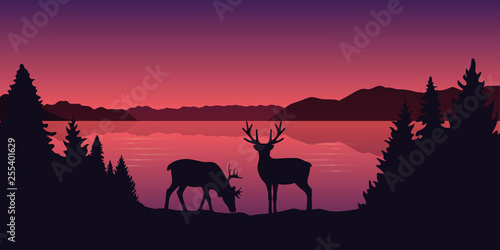 two reindeers by the lake beautiful red landscape vector illustration EPS10