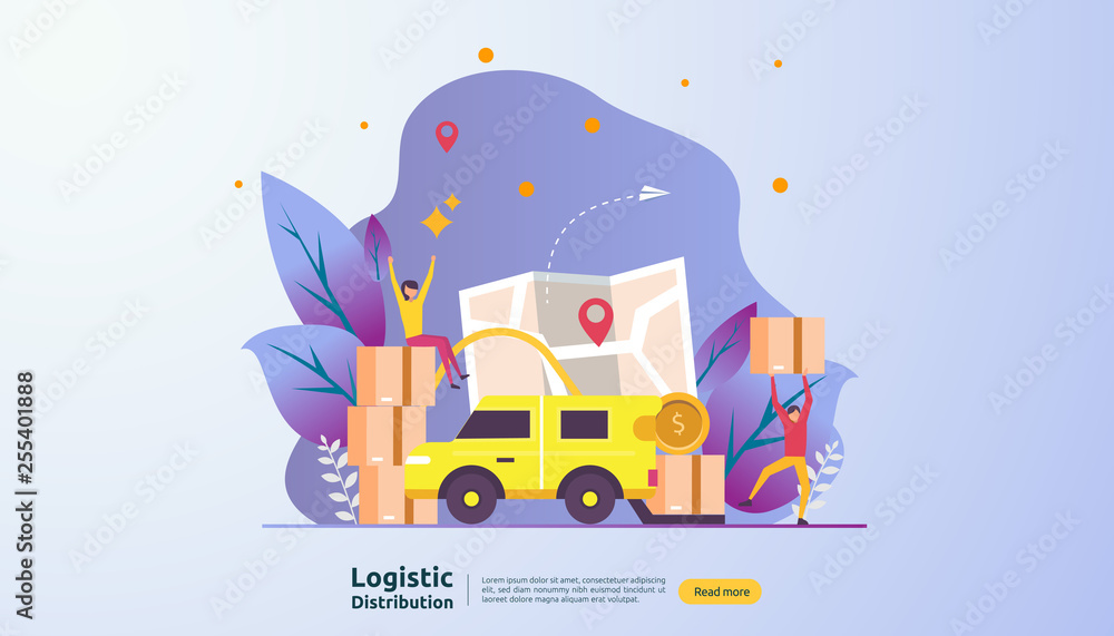 Fototapeta premium global logistic distribution service illustration concept. delivery worldwide import export shipping banner with people character for web landing page, presentation, social, poster or print media.