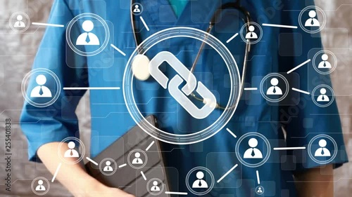 Doctor pushing button link virtual healthcare network on virtual medical panel.
