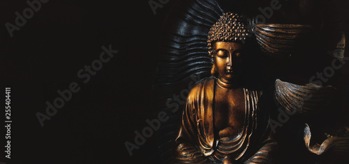 Golden Gautama Buddha statue with a black background.