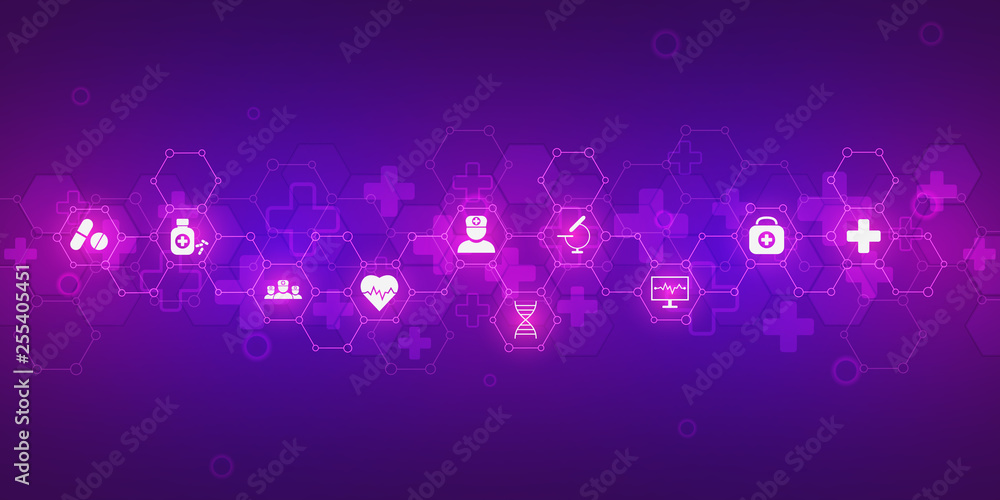 Abstract medical background with flat icons and symbols. Concepts and ideas for healthcare technology, innovation medicine, health, science and research.