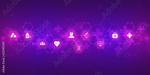 Abstract medical background with flat icons and symbols. Concepts and ideas for healthcare technology, innovation medicine, health, science and research. © berCheck