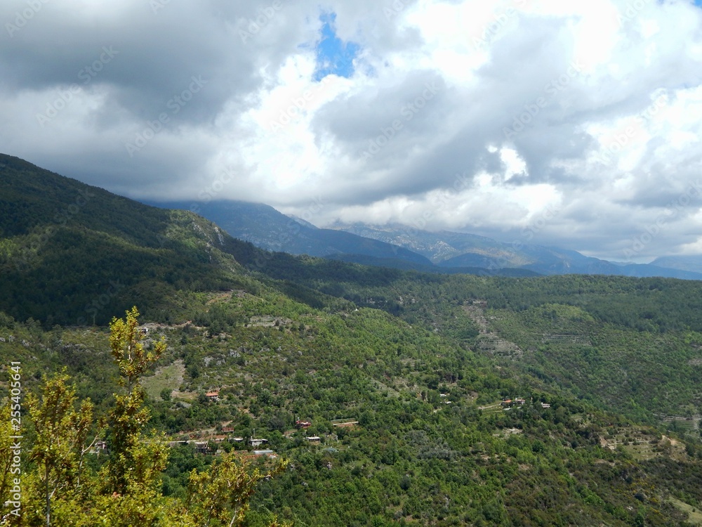 mountains covered with green forest against the blue sky and white clouds