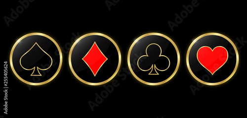 Set of round poker and casino icons. Suit golden deck of playing cards in the gold circle on black background. Vector illustration.