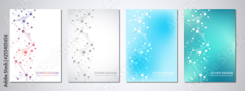 Vector templates for cover or brochure, with molecules background and neural network. Abstract geometric background of connected lines and dots. Science and technology concept.