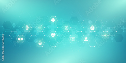 Abstract medical background with flat icons and symbols. Concepts and ideas for healthcare technology, innovation medicine, health, science and research.