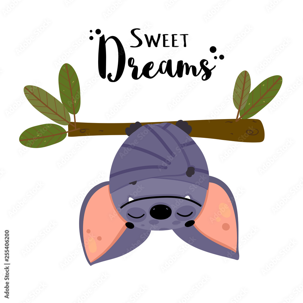Cute bat sleeping upside down on the tree. Vector illustration in cartoon  style with inscription 