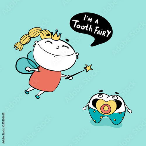 Cute little Tooth Fairy flying with magic wand in her hand near the baby tooth in sliders with a pacifier in his mouth. Cartoon vector illustration.