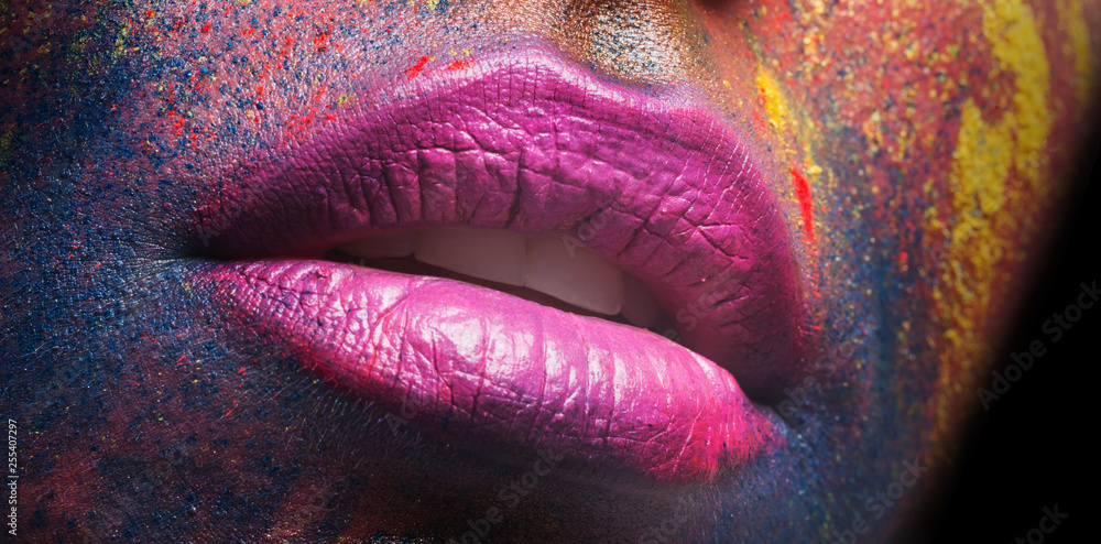 Sexy pink lips of woman with creative makeup - obrazy, fototapety, plakaty 
