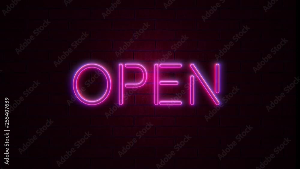 Open logo neon lights sign on brick wall looped, 4k Open logo neon lights sign on brick wall looped, 4k