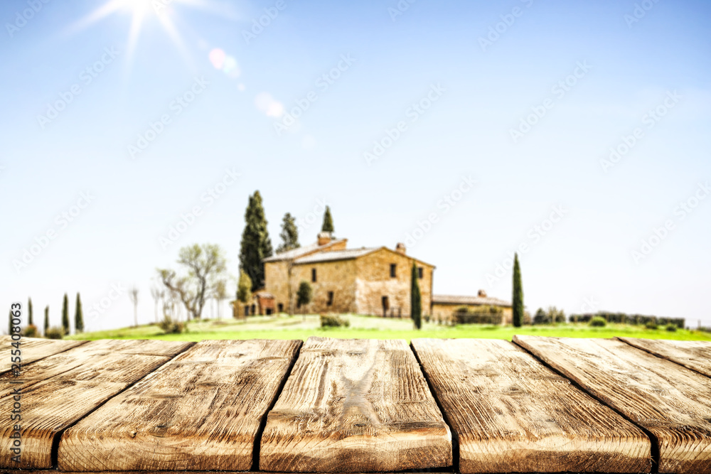 desk of free space and tuscany landscape 