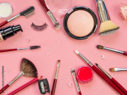 Set for professional makeup, different brushes for applying powder and eyeshadow. Cosmetics and Foundation