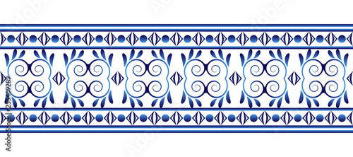 Ceramic tile border pattern. Islamic, indian, arabic motifs. Damask border seamless pattern. Porcelain ethnic bohemian background.