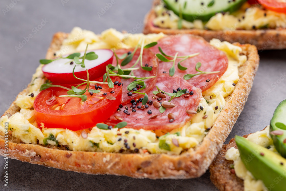 Sandwiches with cream cheese, vegetables and salami. Sandwiches with cream cheese, vegetables and salami.