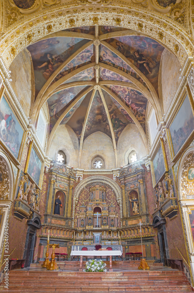 CORDOBA, SPAIN - MAY 26, 2015: The of presbytery in church Iglesia de San Augustin with the fresco of angels on the ceiling from 17. cent. by Cristobal Vela and Juan Luis Zambrano.