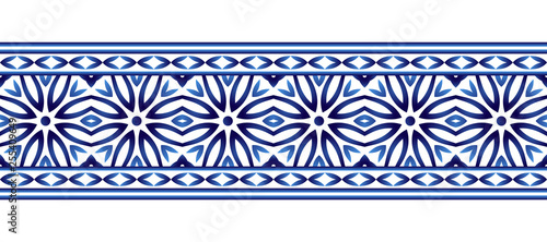 Ceramic tile border pattern. Islamic, indian, arabic motifs. Damask border seamless pattern. Porcelain ethnic bohemian background.