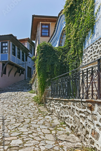 Typical cobblestones street in old town of city of Plovdiv, Bulgaria