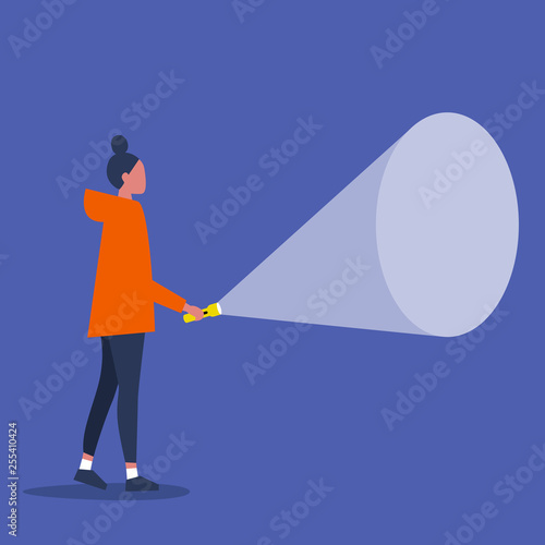 Young female character holding a flashlight. Your text here / Flat editable vector illustration, clip art