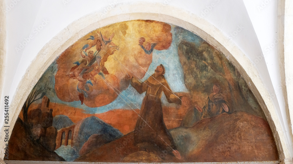 The frescoes with scenes from the life of St. Francis of Assisi, cloister of the Franciscan monastery of the Friars Minor in Dubrovnik, Croatia 