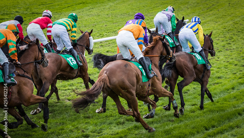 Goup of jockeys and race horses racing down the track