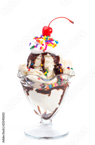 A Vanilla Sundae with Chocolate Sauce Isolated on a White Background