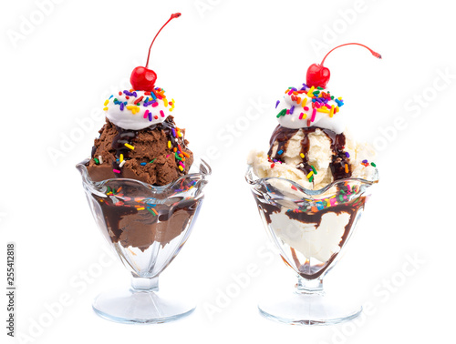 Vanilla and Chocolate Sundaes Isolated on a White Background with Cherries on Top photo