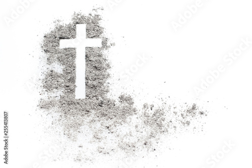 Ash wednesday cross, crucifix made of ash. Holiday, concept background
