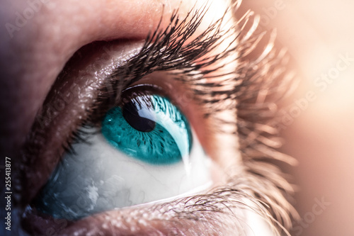 female blue eye close-up. Blue human eye macro shot