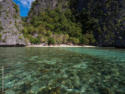 Beautiful tropical sea bay. Scenic landscape with mountain islands and blue lagoon, Palawan, Philippines. Exotic scenery. Popular landmark, famous destination of Philippines. November, 2018