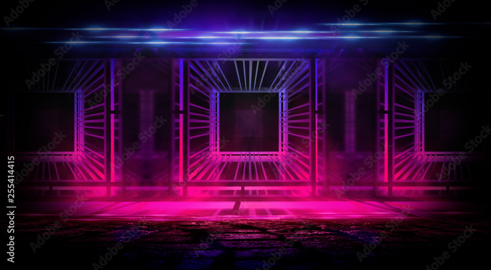 Background of the dark room, tunnel, corridor, neon light, lamps, tropical leaves. Abstract background with new light. Background of the dark room, tunnel, corridor, neon light, lamps, tropical leaves. Abstract background with new light.