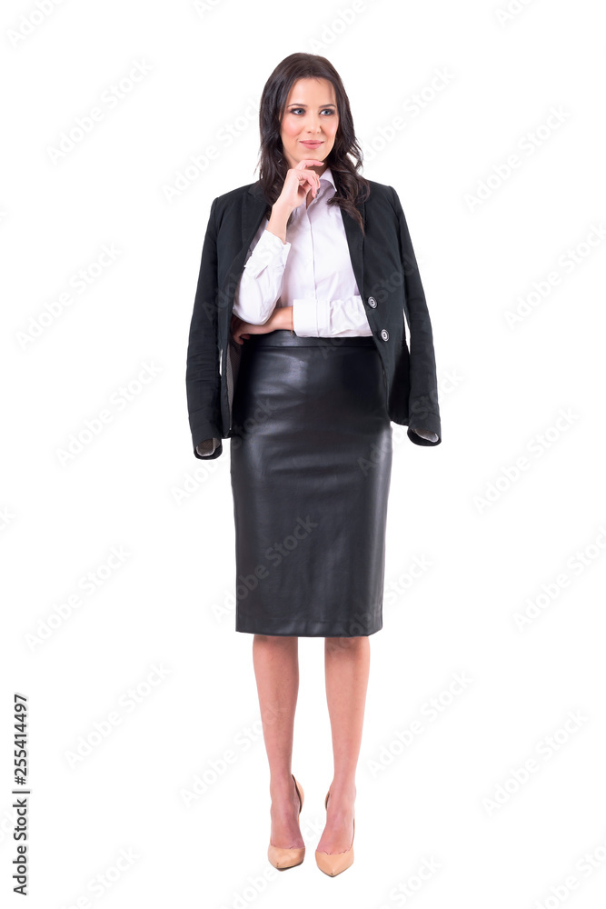 Beautiful stylish modern business woman with finger on chin looking away. Full body isolated on white background. Beautiful stylish modern business woman with finger on chin looking away. Full body isolated on white background.