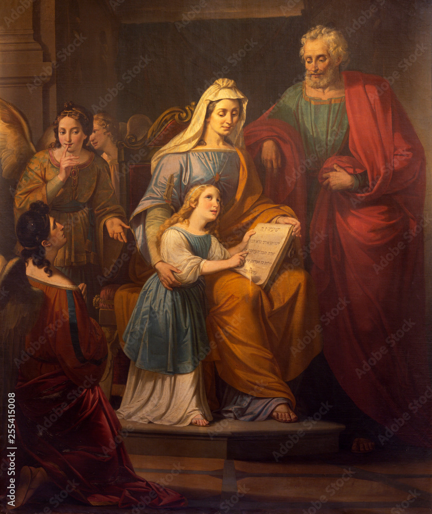 REGGIO EMILIA, ITALY - APRIL 14, 2018: The painting of St. Joachim, little Virgin Mary and st. Ann in church chiesa di San Francesco