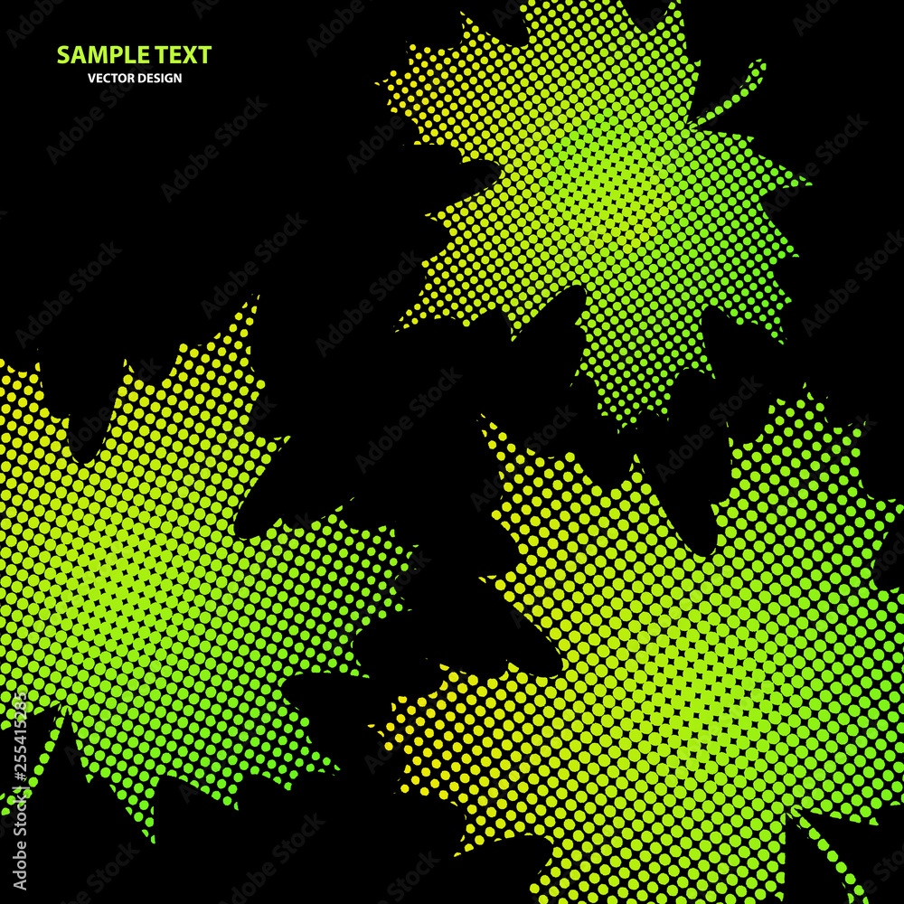 Bright maple leaves from small halftone circles on a black background.