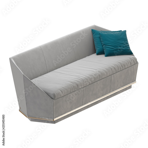 White sofa with green pillows on a white background 3d