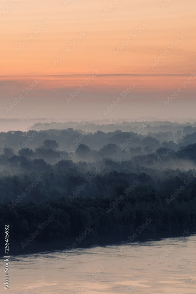 Obraz premium Mystical view on riverbank of large island with forest under haze at early morning. Eerie mist among layers from tree silhouettes. Morning atmospheric landscape of majestic nature in blue faded tones.