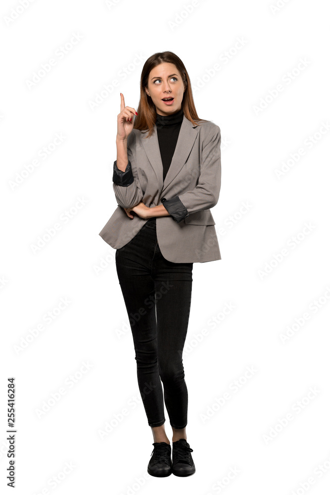 A full-length shot of a Business woman thinking an idea pointing the finger up over isolated white background A full-length shot of a Business woman thinking an idea pointing the finger up over isolated white background