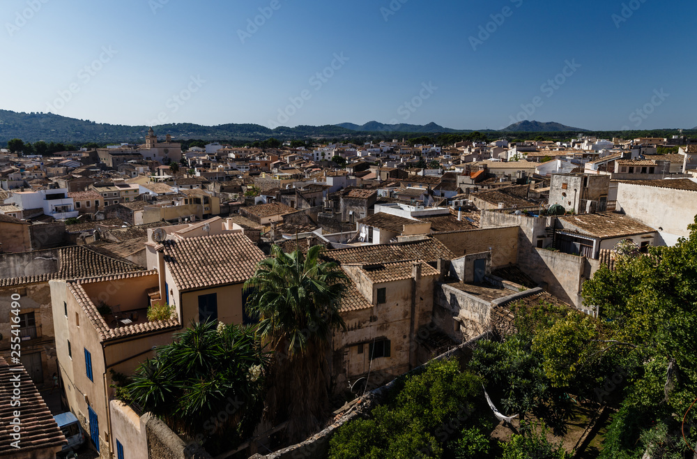 a view from above of city rooftops on the far mountains; buildings and tile roofs are brown tones everywhere