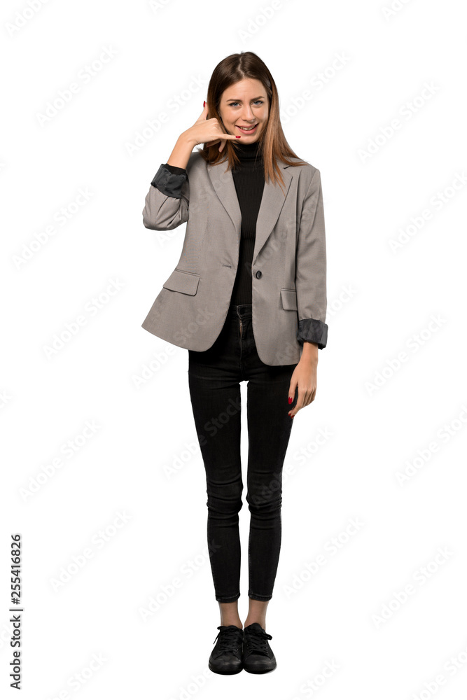 A full-length shot of a Business woman making phone gesture. Call me back sign over isolated white background A full-length shot of a Business woman making phone gesture. Call me back sign over isolated white background