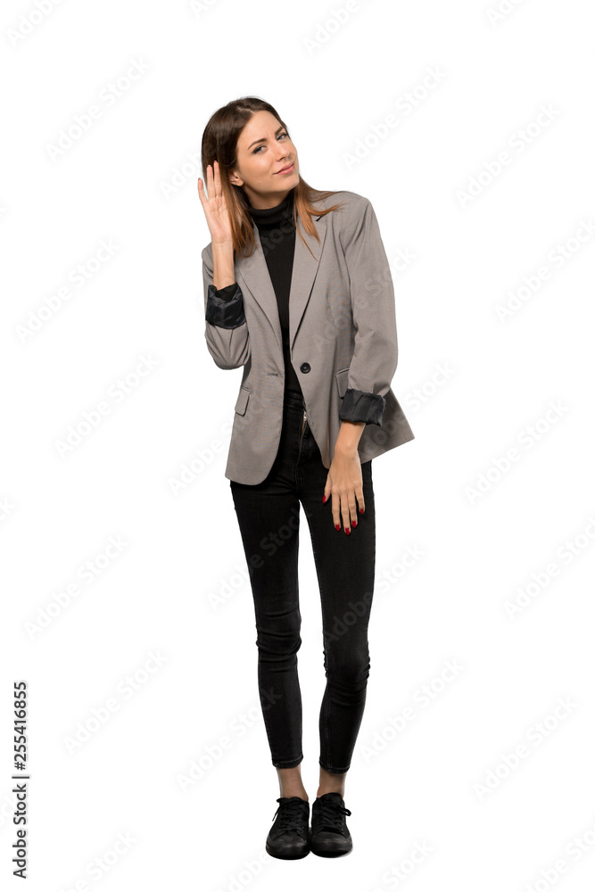 A full-length shot of a Business woman listening to something by putting hand on the ear over isolated white background A full-length shot of a Business woman listening to something by putting hand on the ear over isolated white background