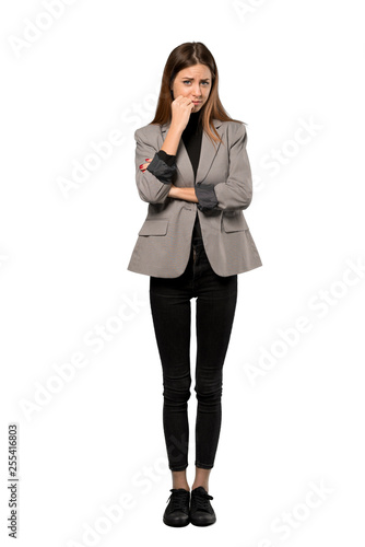 A full-length shot of a Business woman having doubts over isolated white background