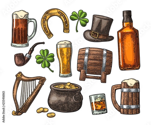 Saint Patrick Day. hat, Pot coins, pipe, beer, lyre, horseshoe