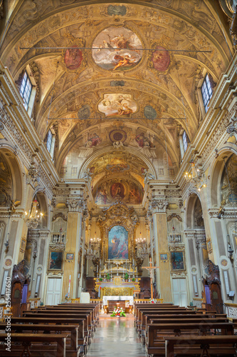 MODENA  ITALY - APRIL 14  2018  The baroque ceiling fresco with St. Barbara in church Chiesa di San Barnaba by Sigismondo Caula and Antonio Mannini from begin of 18. cent.