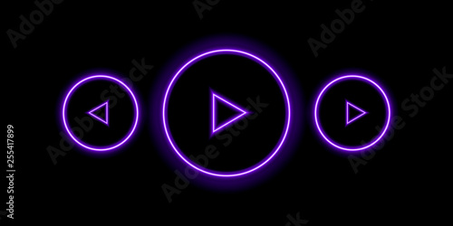 Neon media player interface on black background, vector illustration