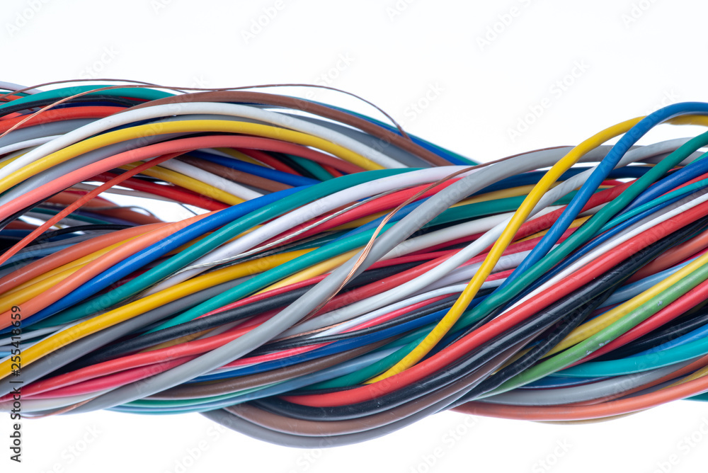 Multicolored electrical cable isolated on white background