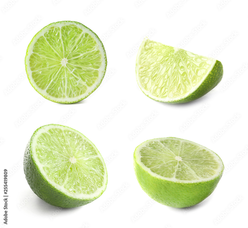 Set of fresh cut ripe citrus fruit on white background
