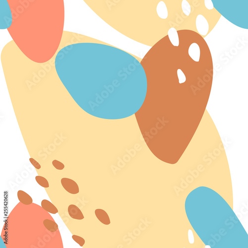 Seamless abstract pattern with spots and dots. Blue, beige, pink colors. Avan-garde cute cartoon background. Abstractionism style.