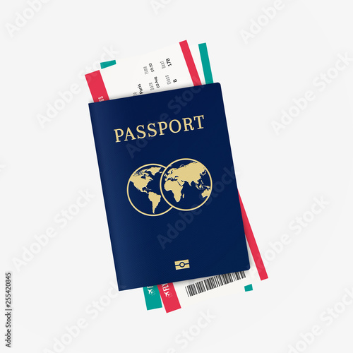 Travel by plane. Biometric passport and airline tickets.