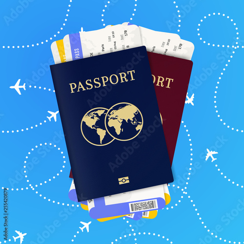 Travel by plane. Biometric passport and airline tickets.